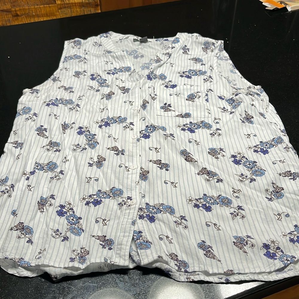 Primark size 14 button-down white w/ blue pinstripes tank top, flowers